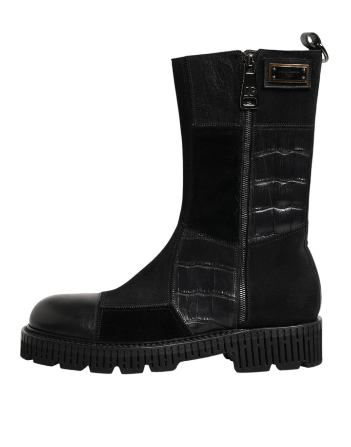 Dolce &amp; Gabbana Black Patchwork Leather Mid Calf Boot  Shoes