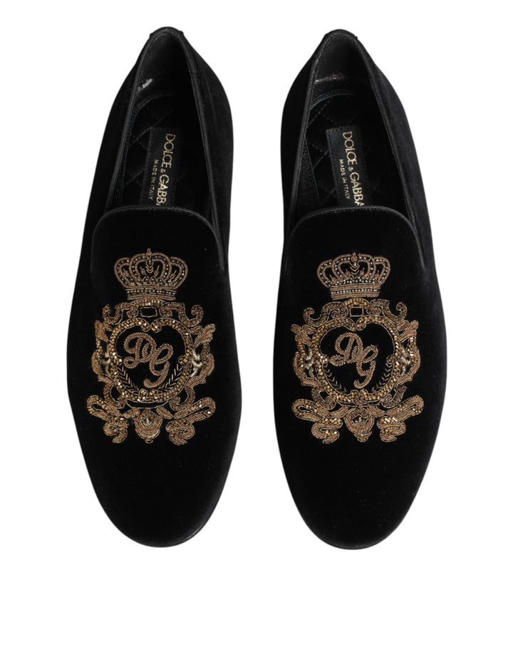 Dolce &amp; Gabbana Black Velvet Gold Crown Mens Loafers Shoes