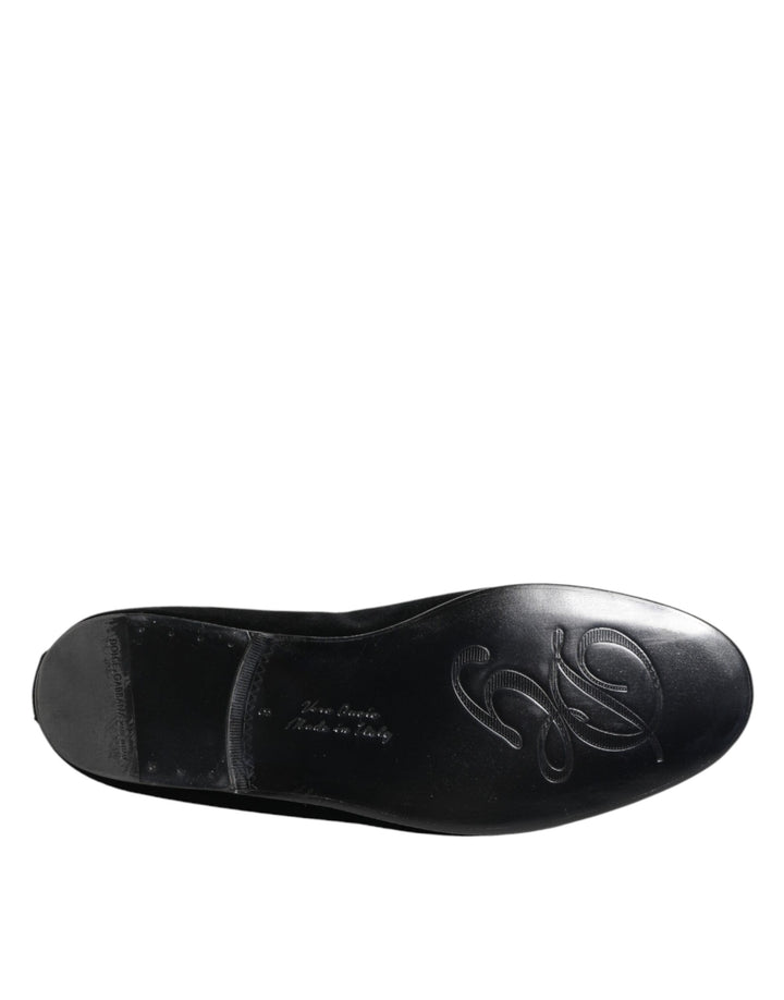 Dolce &amp; Gabbana Black Velvet Gold Crown Mens Loafers Shoes