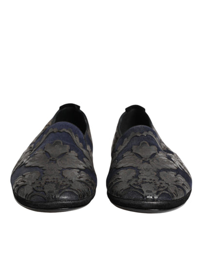 Dolce & Gabbana Black Jacquard Leather Slip On Loafers Shoes