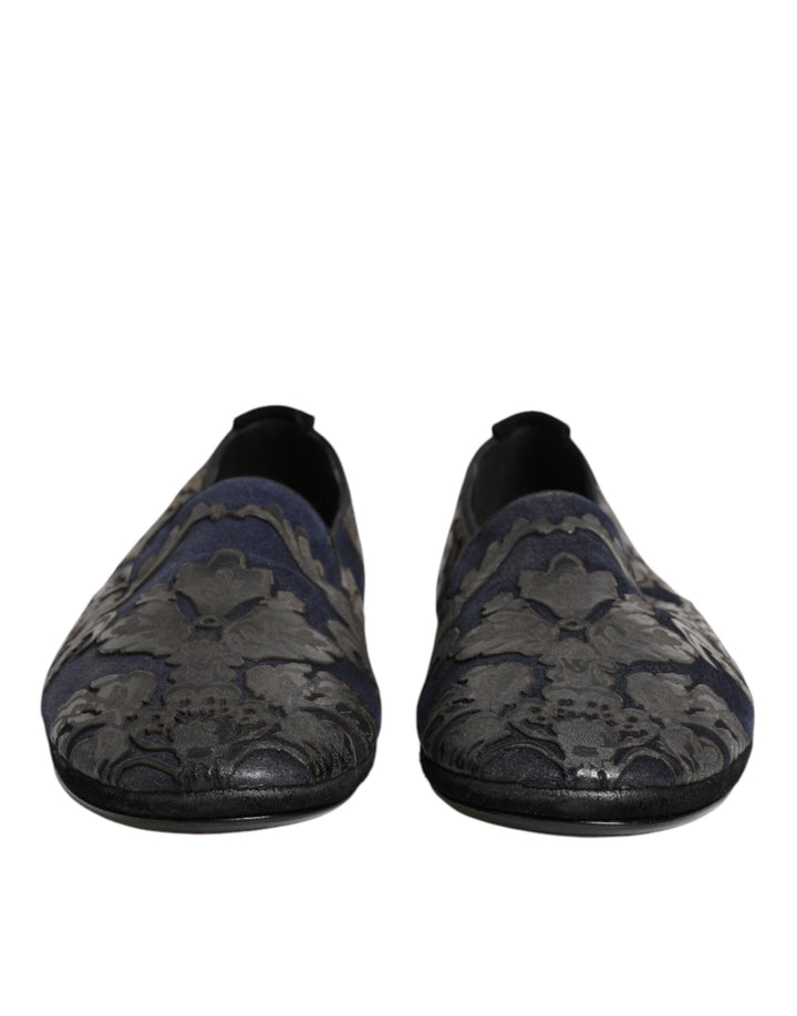 Dolce &amp; Gabbana Black Jacquard Leather Slip On Loafers Shoes