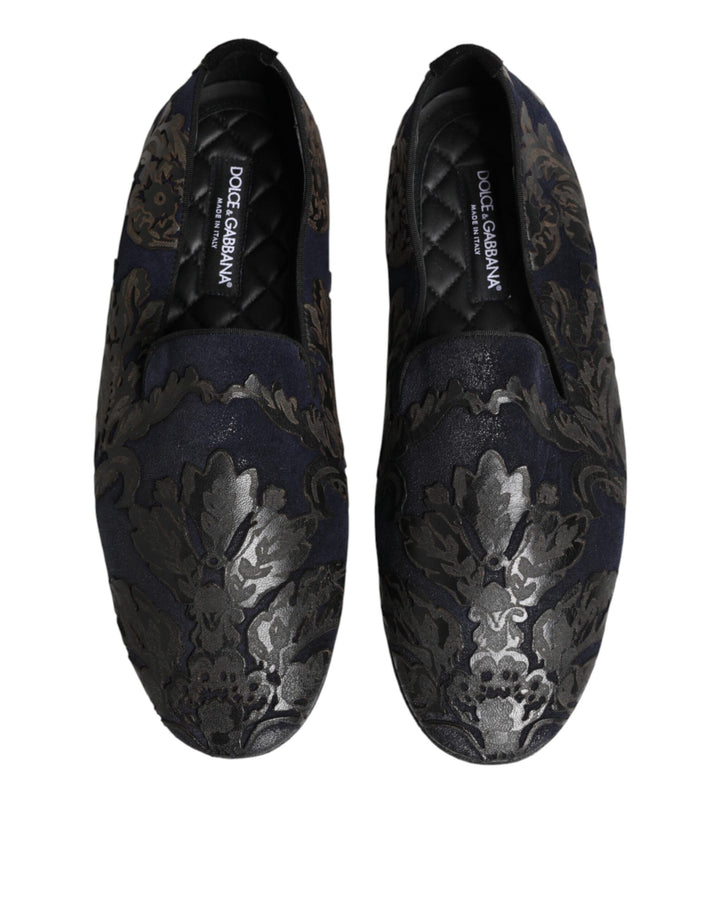 Dolce &amp; Gabbana Black Jacquard Leather Slip On Loafers Shoes