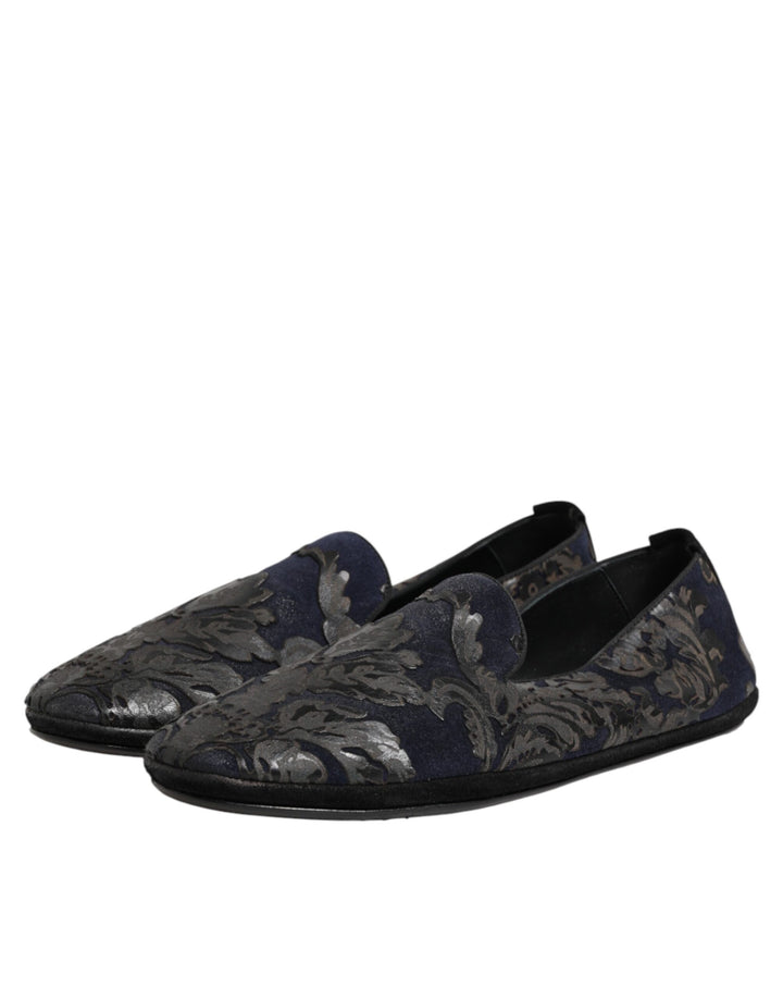 Dolce &amp; Gabbana Black Jacquard Leather Slip On Loafers Shoes