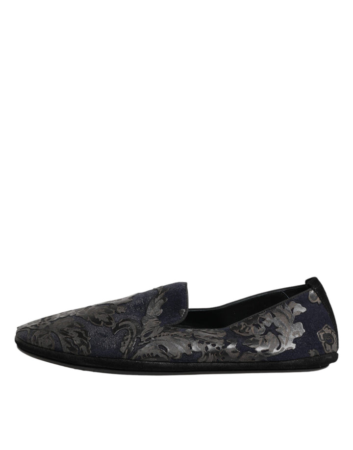 Dolce &amp; Gabbana Black Jacquard Leather Slip On Loafers Shoes