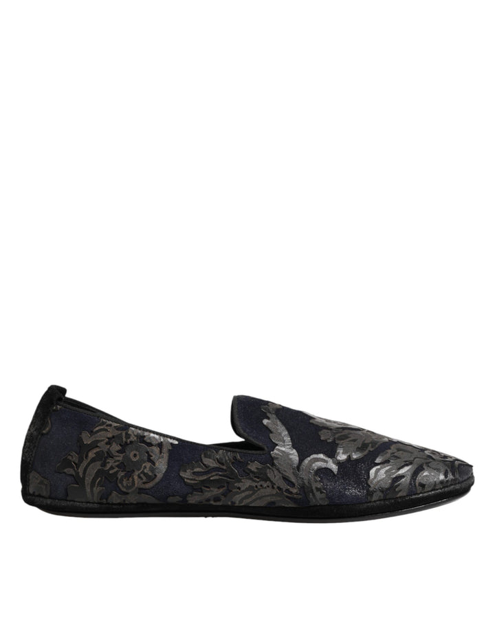 Dolce &amp; Gabbana Black Jacquard Leather Slip On Loafers Shoes