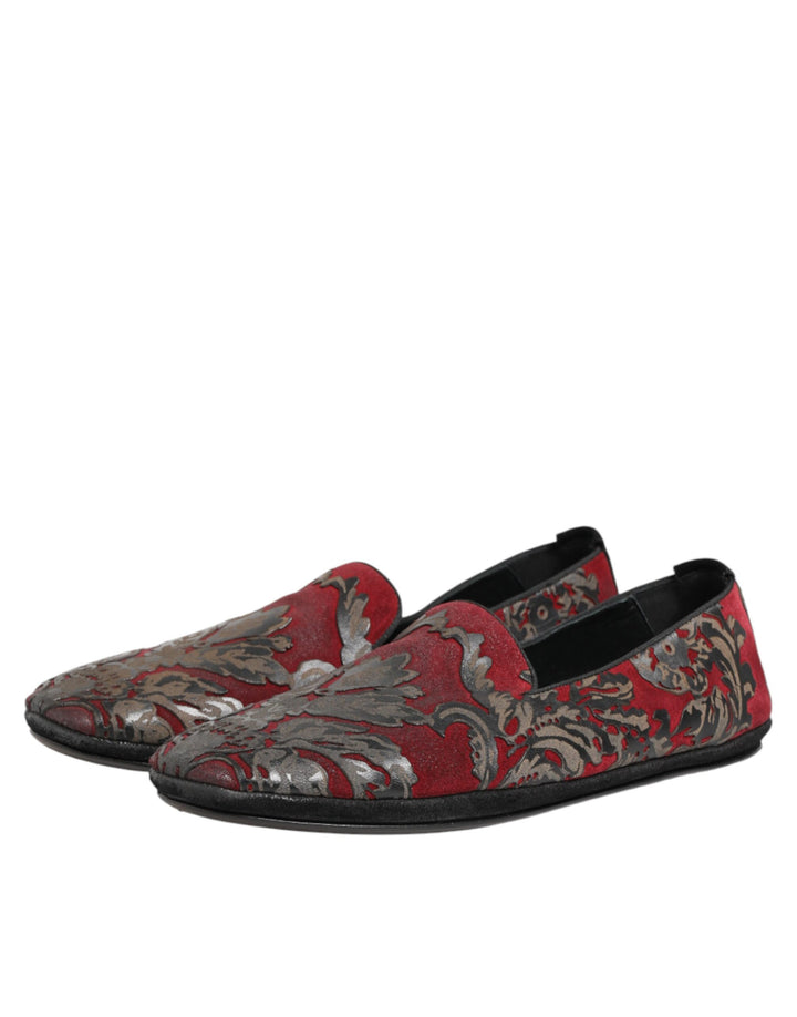 Dolce &amp; Gabbana Bordeaux Jacquard Leather Slip On Loafer Shoes
