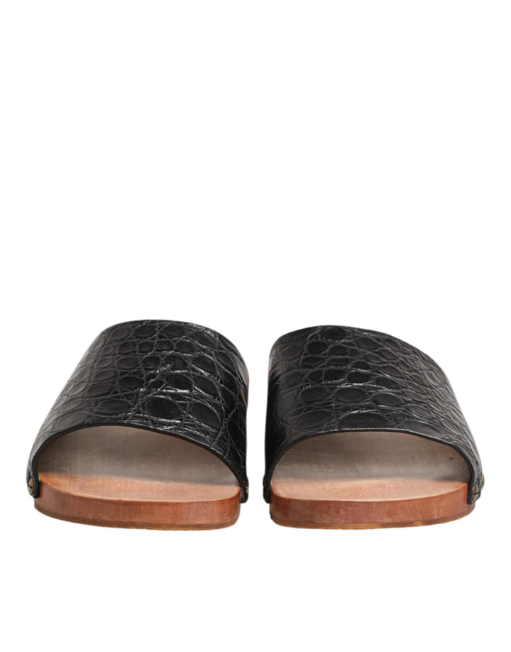 Dolce &amp; Gabbana Black Brown Leather Slides Sandals Shoes
