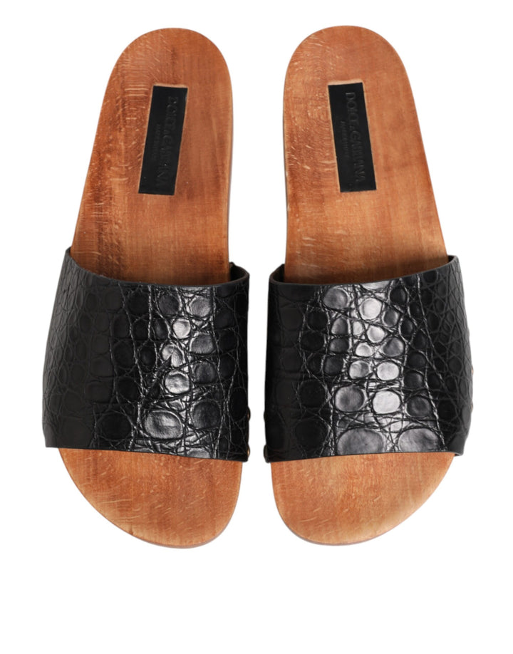 Dolce &amp; Gabbana Black Brown Leather Slides Sandals Shoes