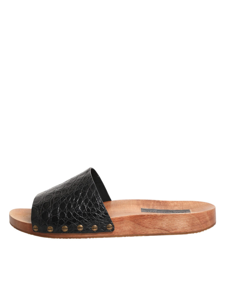 Dolce &amp; Gabbana Black Brown Leather Slides Sandals Shoes