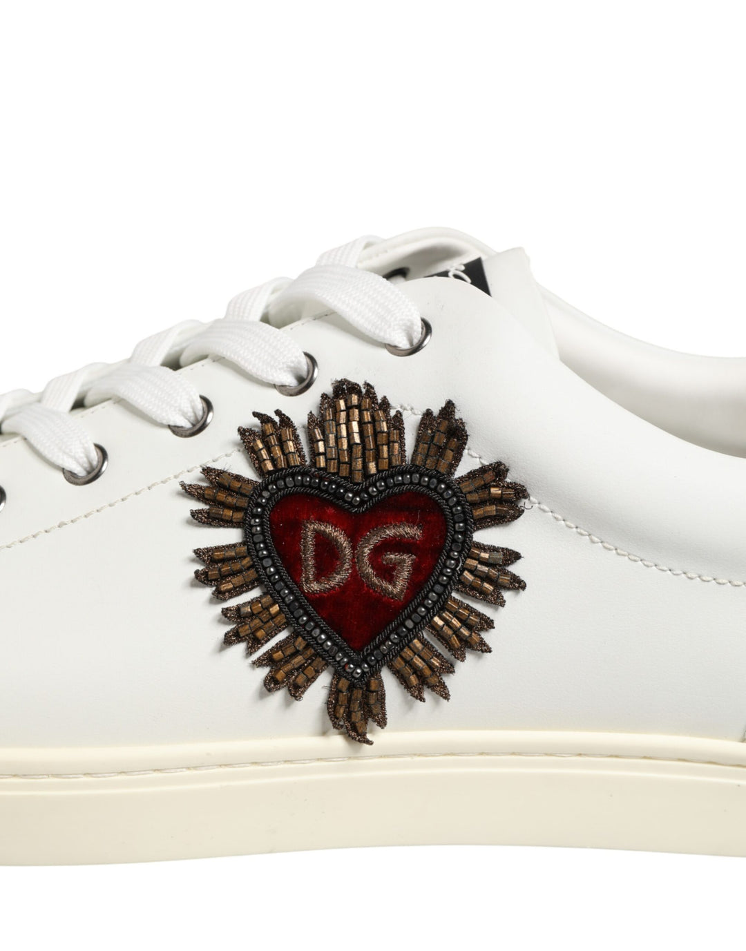 Dolce &amp; Gabbana White Leather Heart Embellished Sneakers Shoes