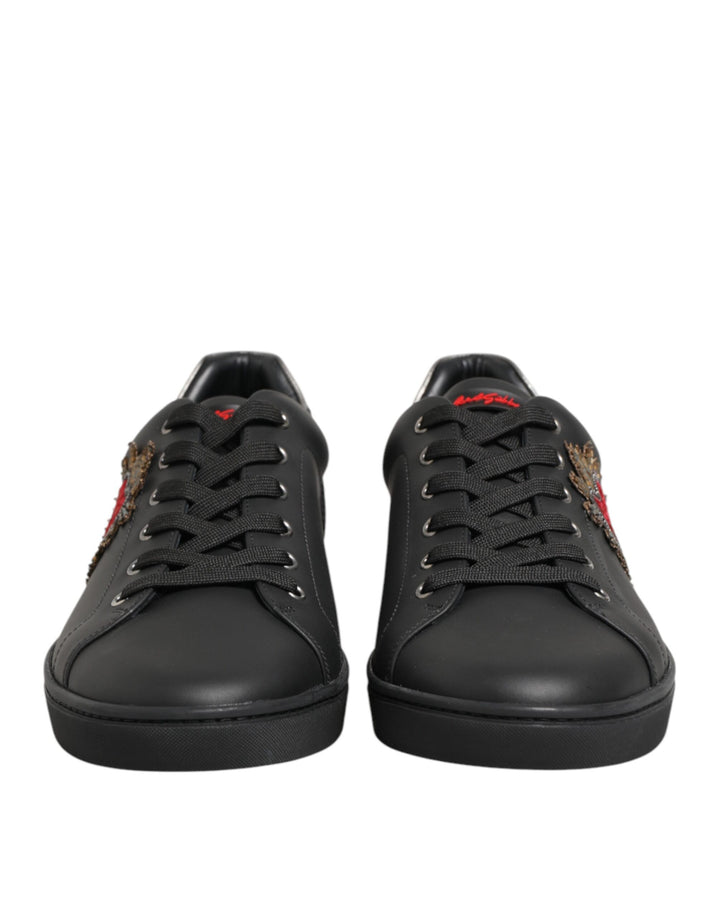 Dolce &amp; Gabbana Black Leather Heart Embellished Sneakers Shoes