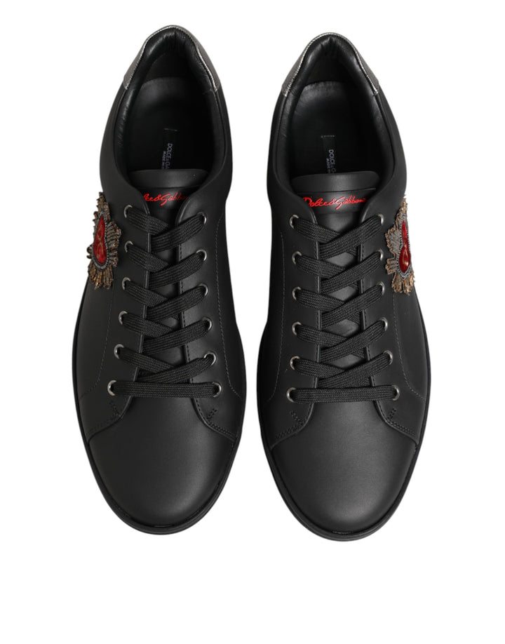 Dolce &amp; Gabbana Black Leather Heart Embellished Sneakers Shoes