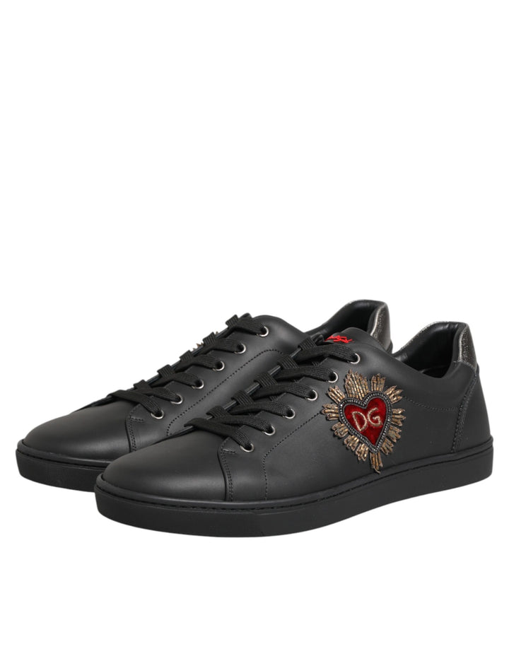 Dolce &amp; Gabbana Black Leather Heart Embellished Sneakers Shoes