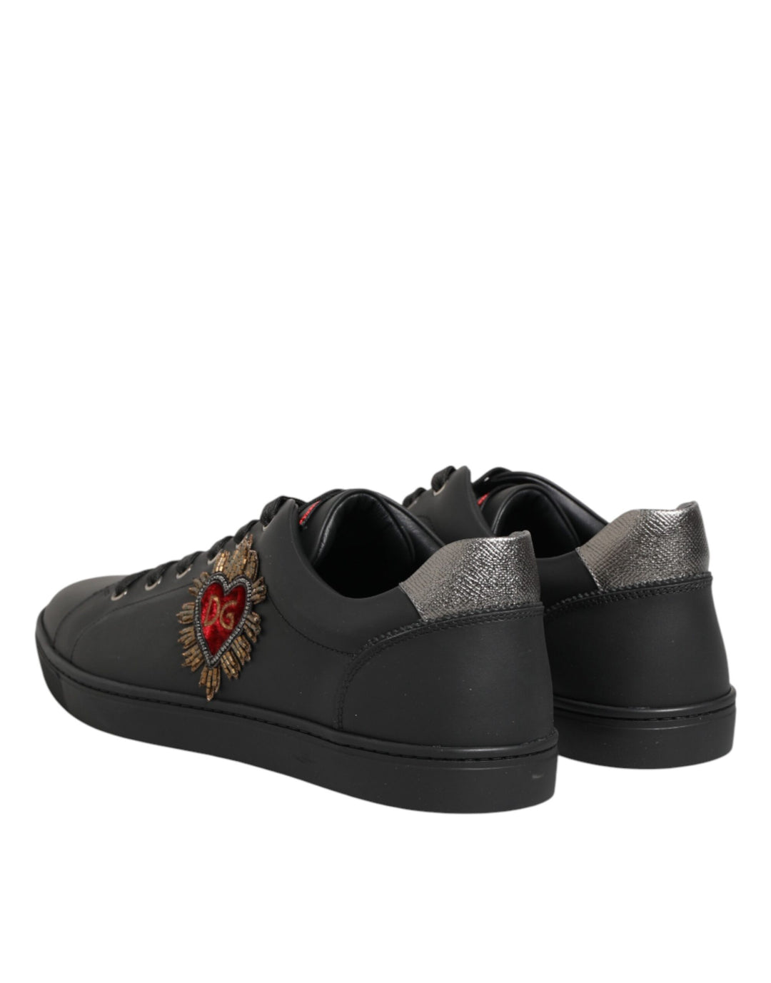 Dolce &amp; Gabbana Black Leather Heart Embellished Sneakers Shoes