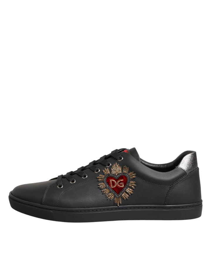Dolce &amp; Gabbana Black Leather Heart Embellished Sneakers Shoes