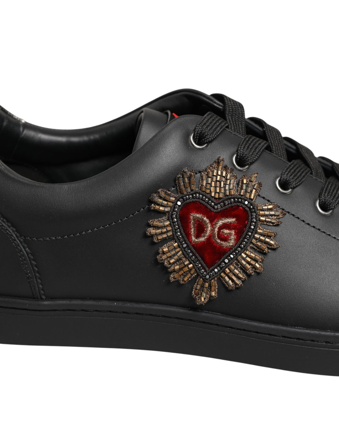 Dolce &amp; Gabbana Black Leather Heart Embellished Sneakers Shoes