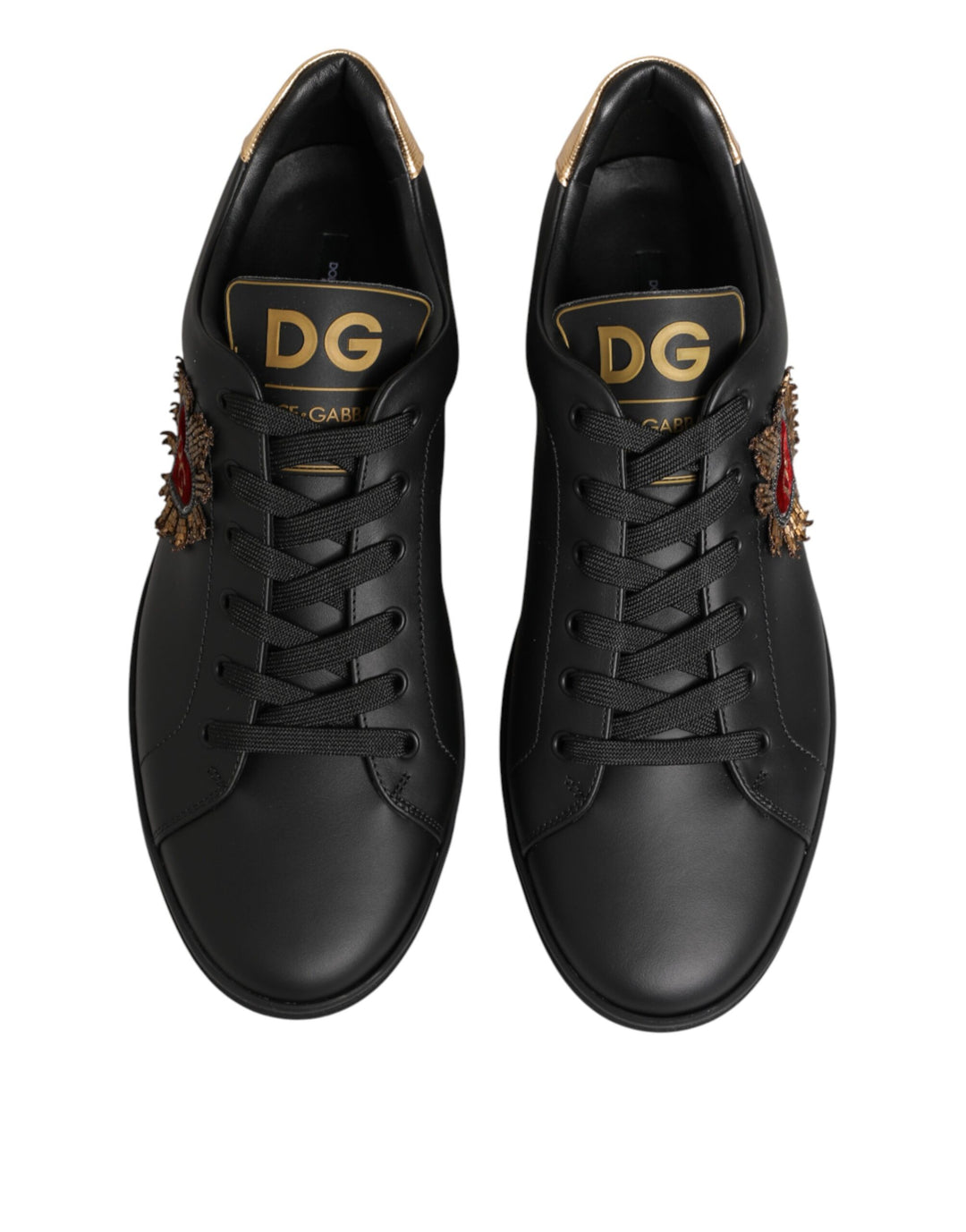 Dolce &amp; Gabbana Black Leather Heart Embellished Sneakers Shoes