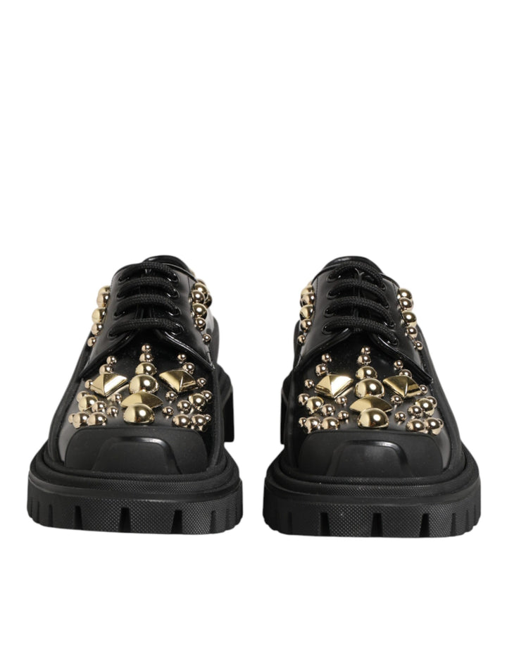 Dolce &amp; Gabbana Black Leather Jeweled Crystals Derby Shoes