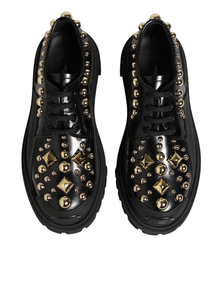 Dolce &amp; Gabbana Black Leather Jeweled Crystals Derby Shoes
