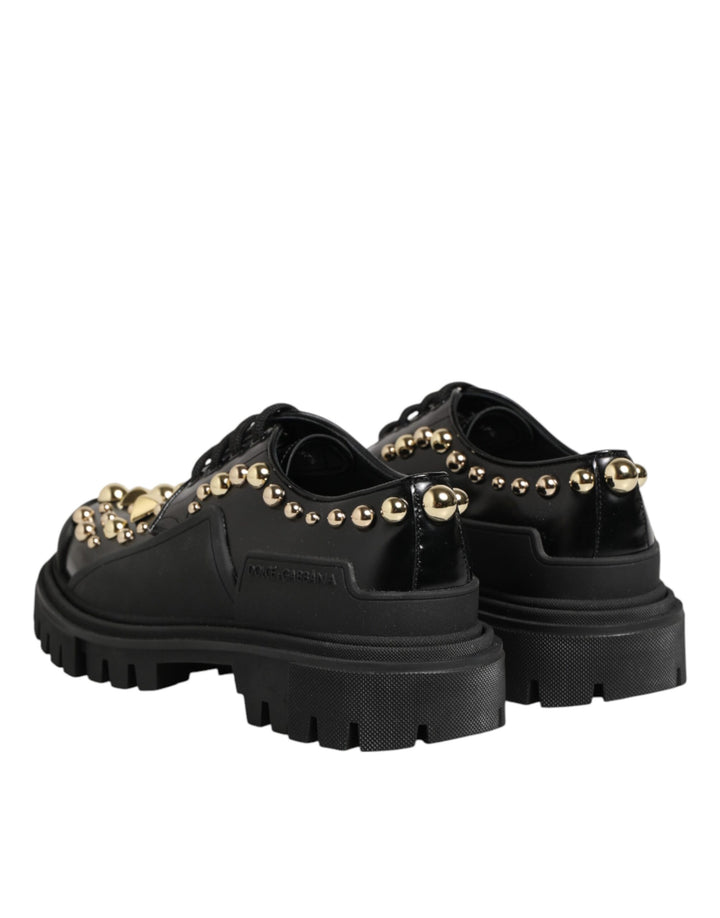 Dolce &amp; Gabbana Black Leather Jeweled Crystals Derby Shoes