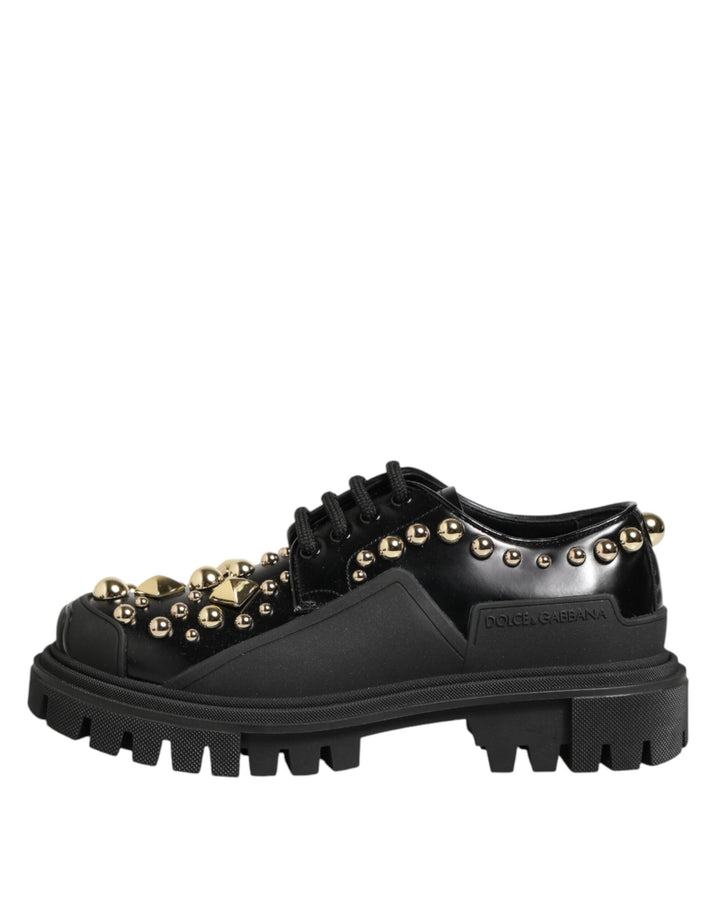 Dolce &amp; Gabbana Black Leather Jeweled Crystals Derby Shoes