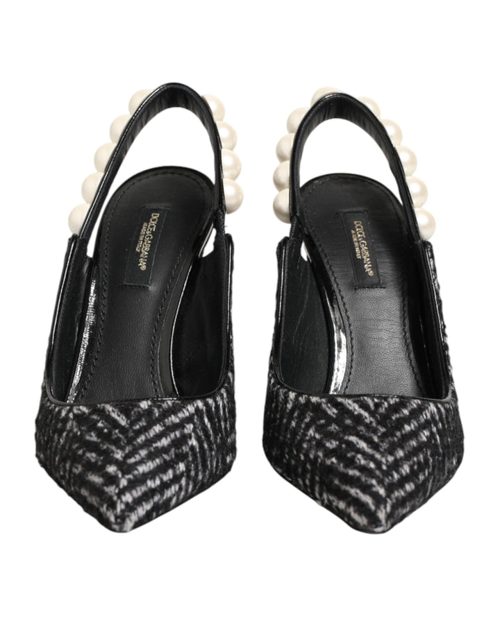 Dolce &amp; Gabbana White Black Chevron Faux Pearl Slingbacks Shoes
