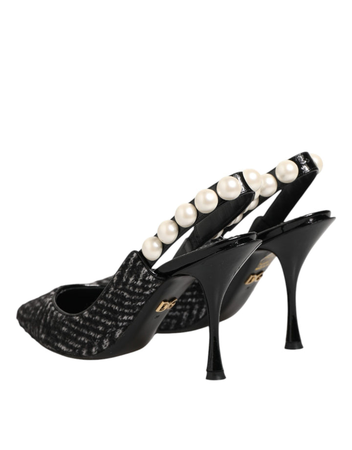 Dolce &amp; Gabbana White Black Chevron Faux Pearl Slingbacks Shoes