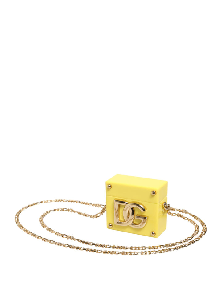 Dolce & Gabbana Yellow DG Logo Plaque Cover Gold Chain Airpods Case