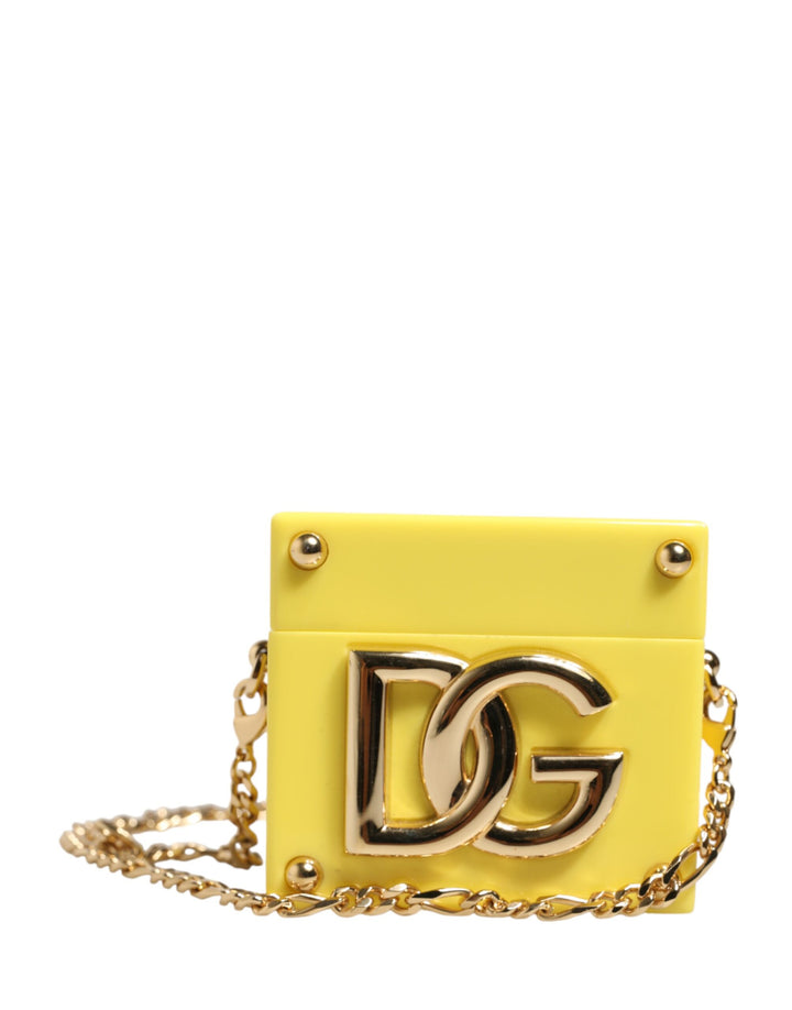 Dolce &amp; Gabbana Yellow DG Logo Plaque Cover Gold Chain Airpods Case