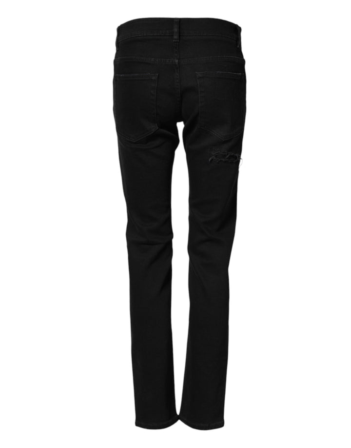 Dolce &amp; Gabbana Black Tattered Cotton Men Skinny Denim Jeans