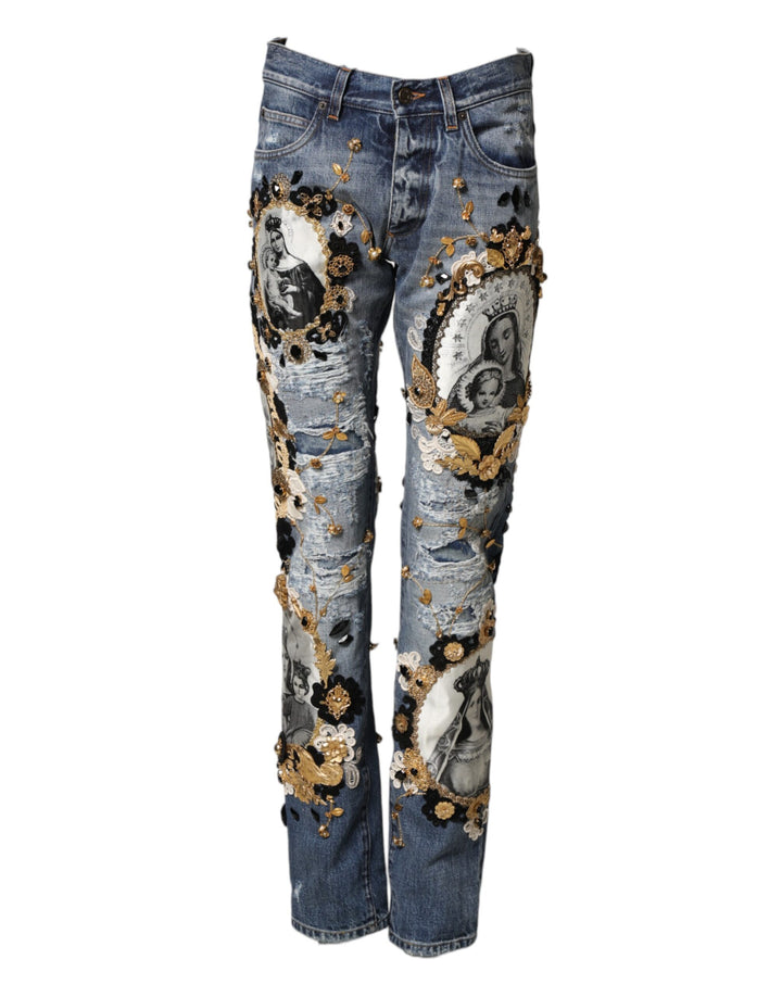 Dolce &amp; Gabbana Blue Ripped Embellished Cotton Denim Jeans