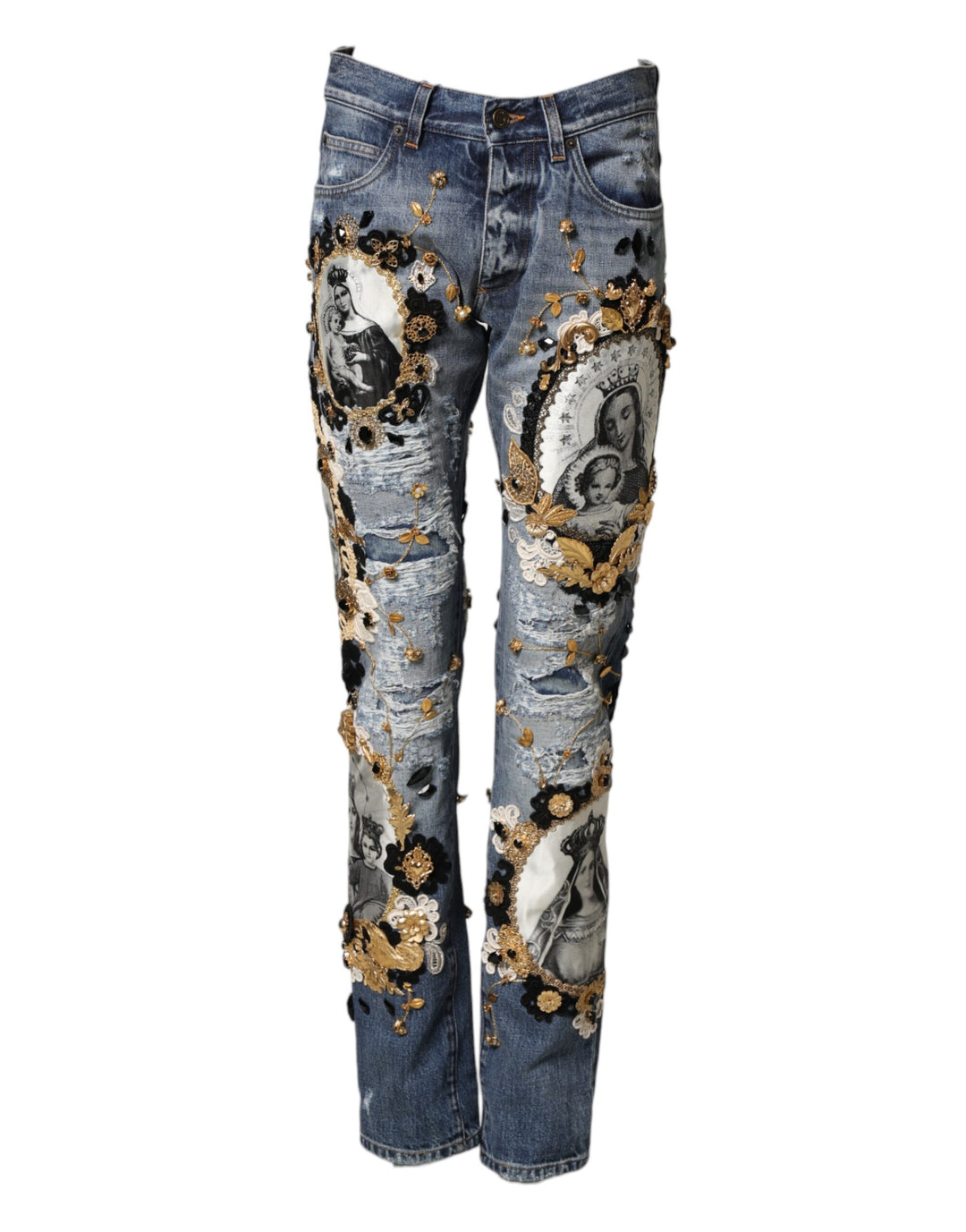 Dolce &amp; Gabbana Blue Ripped Embellished Cotton Denim Jeans