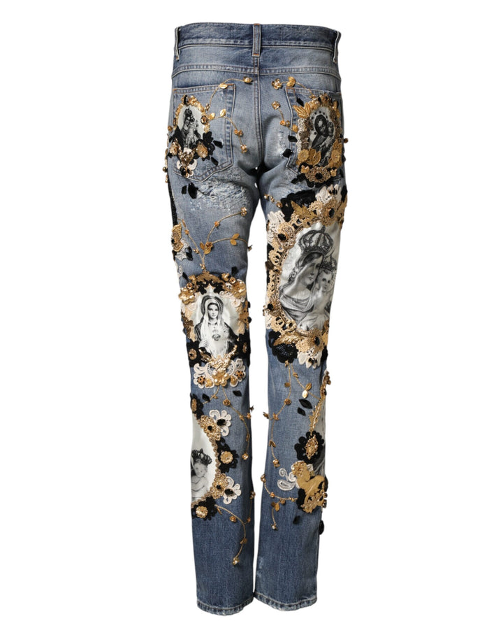 Dolce &amp; Gabbana Blue Ripped Embellished Cotton Denim Jeans