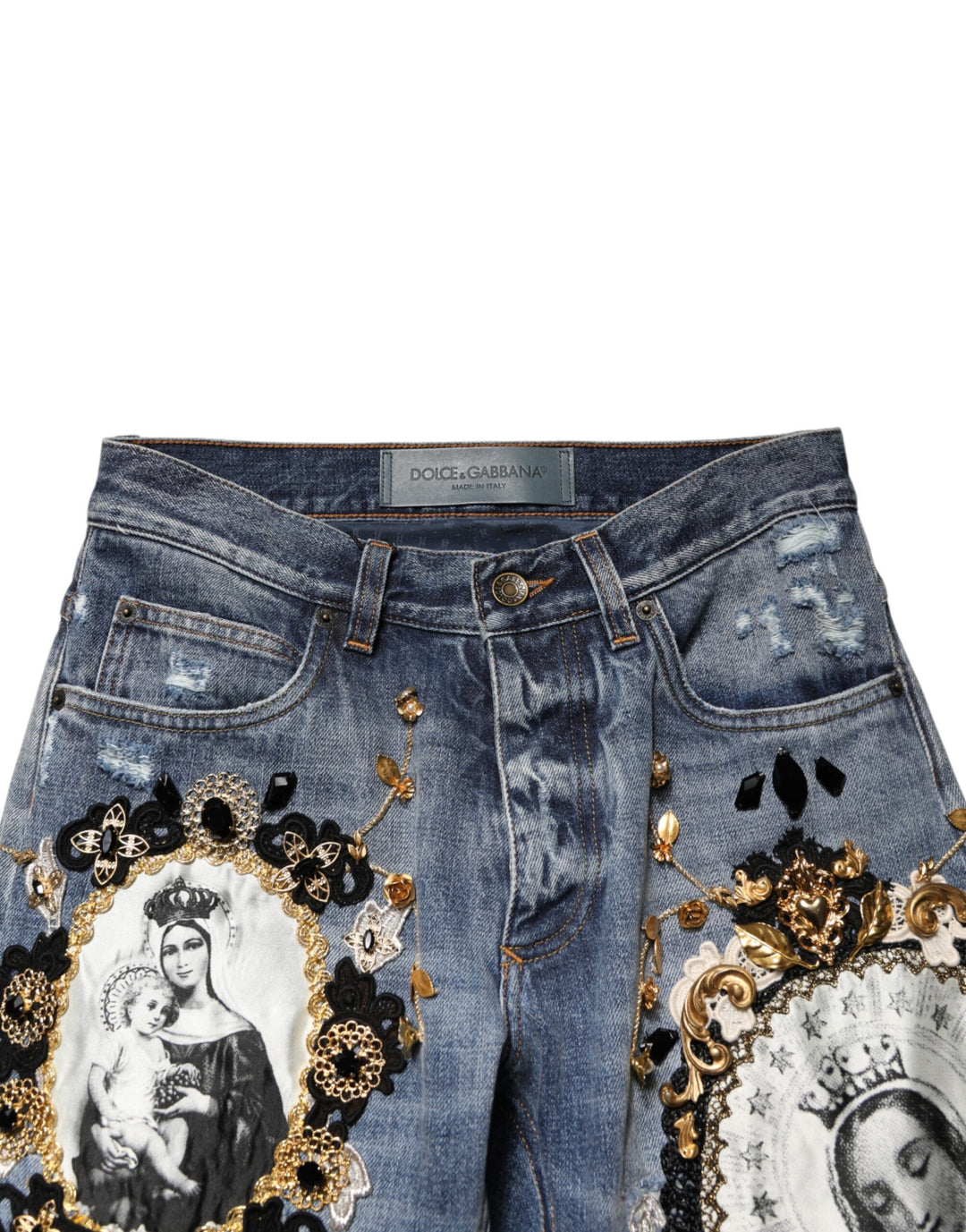 Dolce &amp; Gabbana Blue Ripped Embellished Cotton Denim Jeans