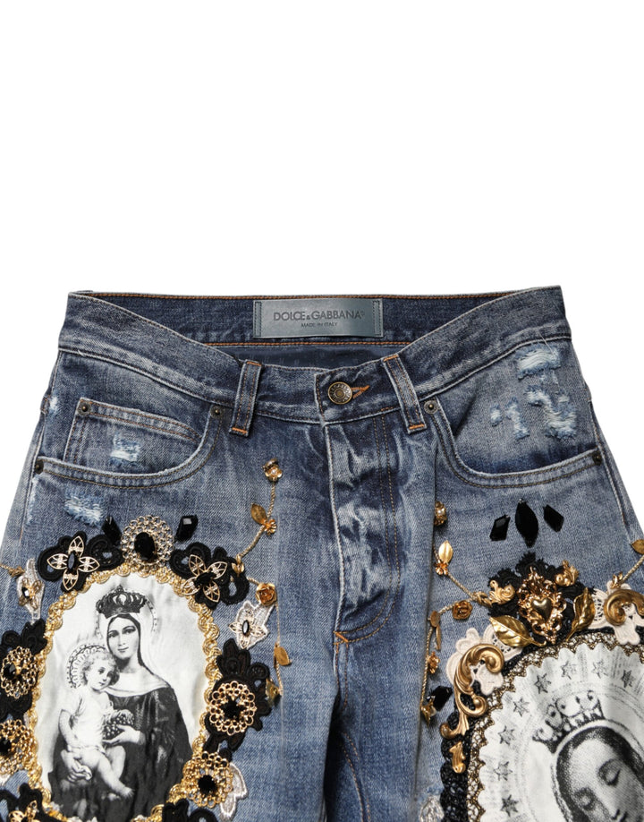 Dolce &amp; Gabbana Blue Ripped Embellished Cotton Denim Jeans