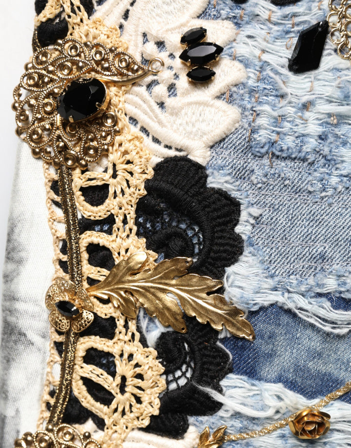Dolce &amp; Gabbana Blue Ripped Embellished Cotton Denim Jeans