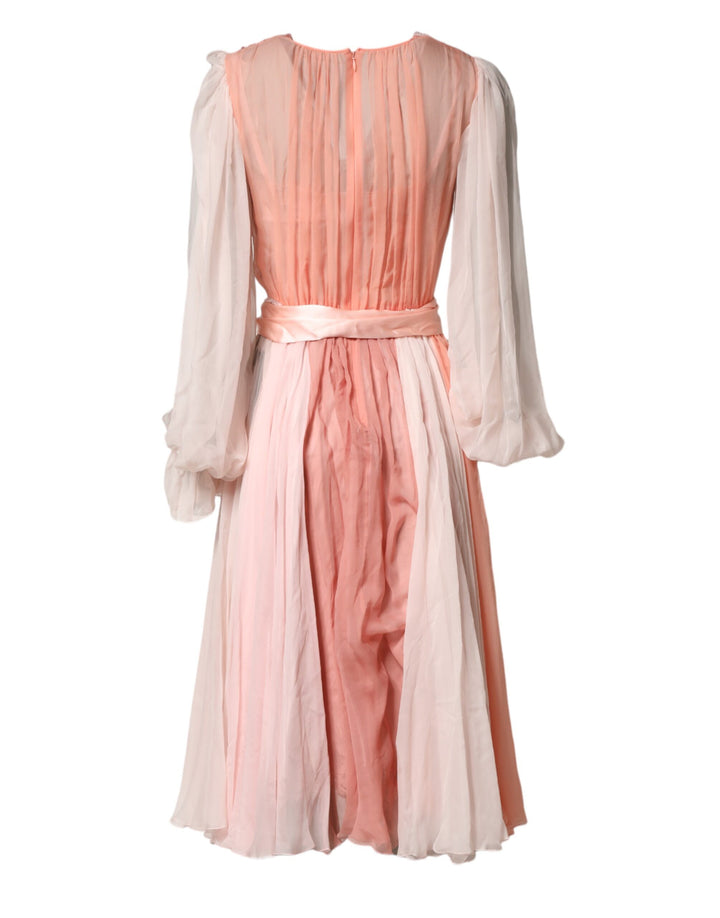 Dolce &amp; Gabbana Pink Silk Tulle Long Sleeve V-neck Dress
