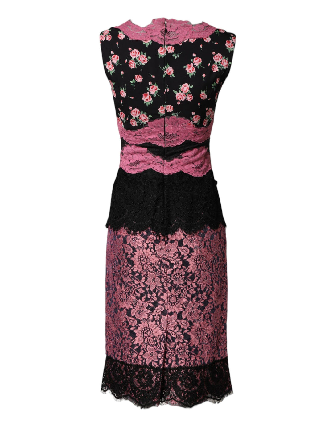 Dolce &amp; Gabbana Black Pink Floral Lace Silk Sheath Dress