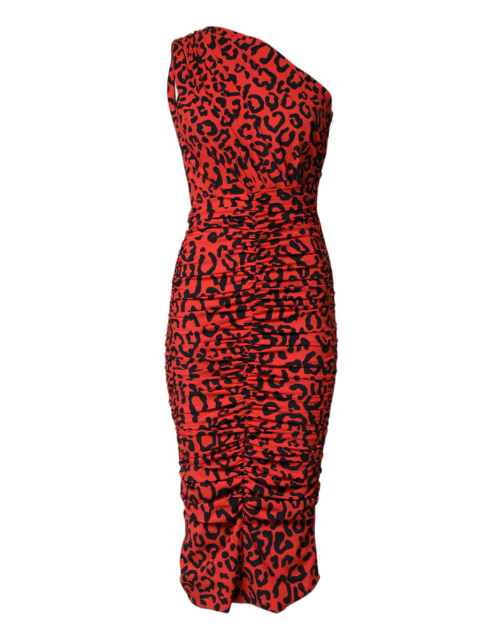 Dolce &amp; Gabbana Red Leopard Print Nylon Sheath Midi Dress