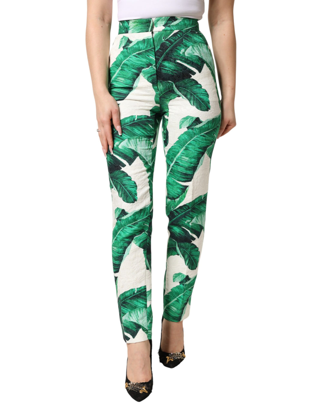 Dolce &amp; Gabbana White Green Leaf High Waist Trousers Pants