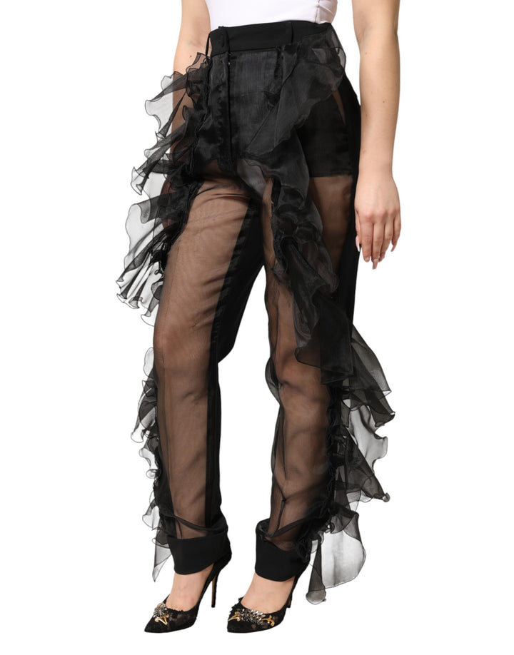 Dolce &amp; Gabbana Black High Waist Tulle Wool Trouser Pants