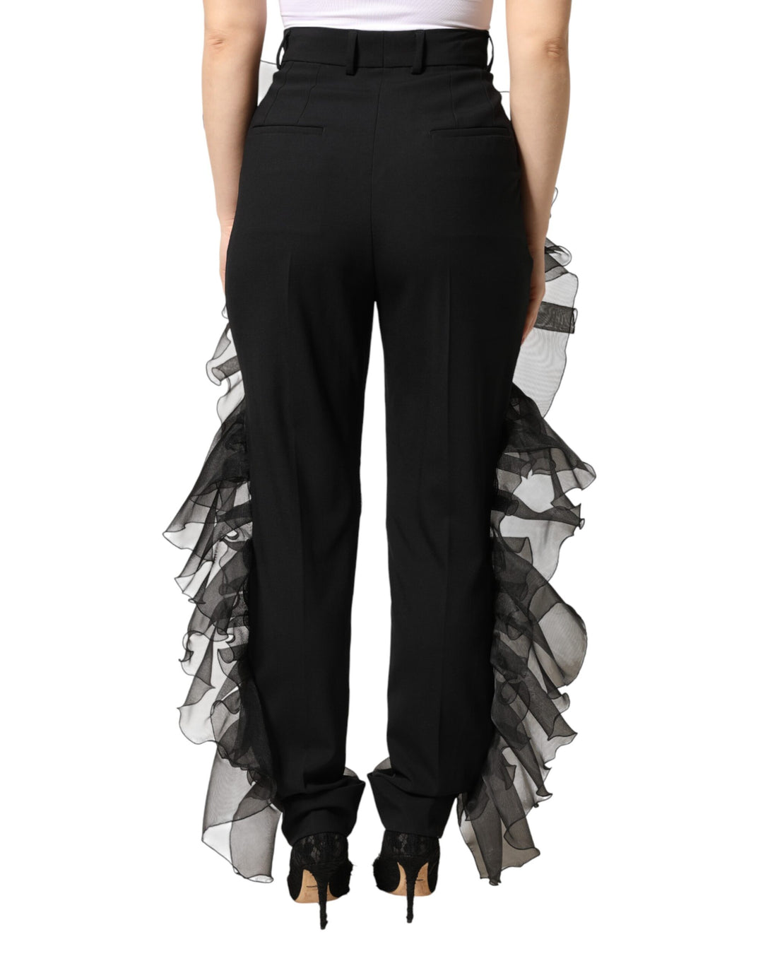 Dolce &amp; Gabbana Black High Waist Tulle Wool Trouser Pants