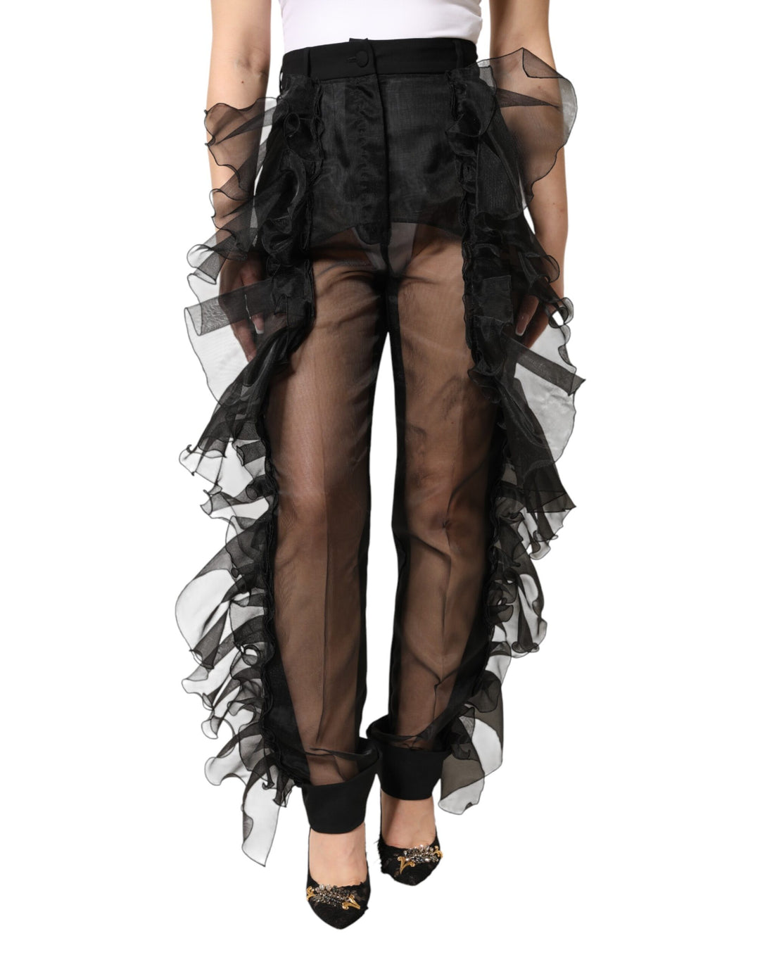 Dolce &amp; Gabbana Black High Waist Tulle Wool Trouser Pants