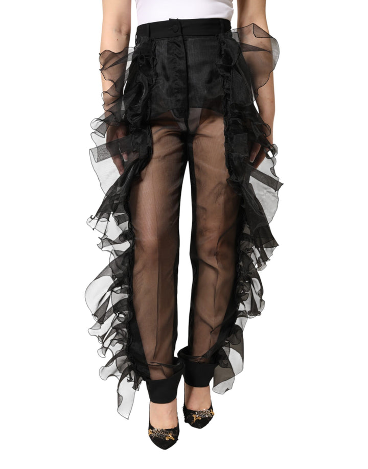 Dolce &amp; Gabbana Black High Waist Tulle Wool Trouser Pants