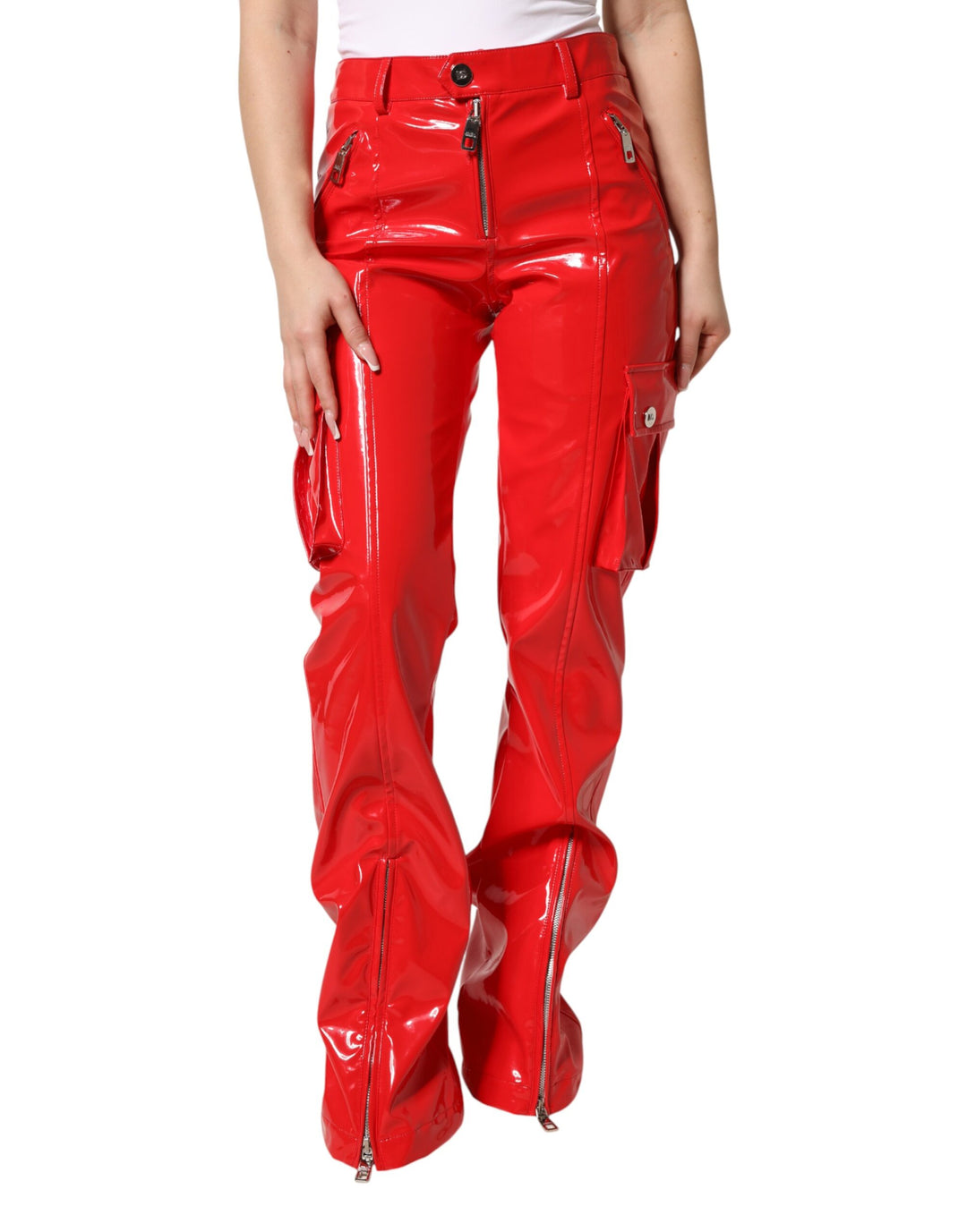 Dolce &amp; Gabbana Red Glossy Polyester Cargo Boot Cut Pants