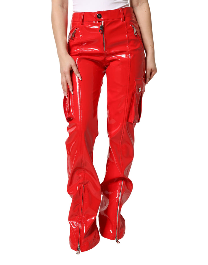 Dolce &amp; Gabbana Red Glossy Polyester Cargo Boot Cut Pants