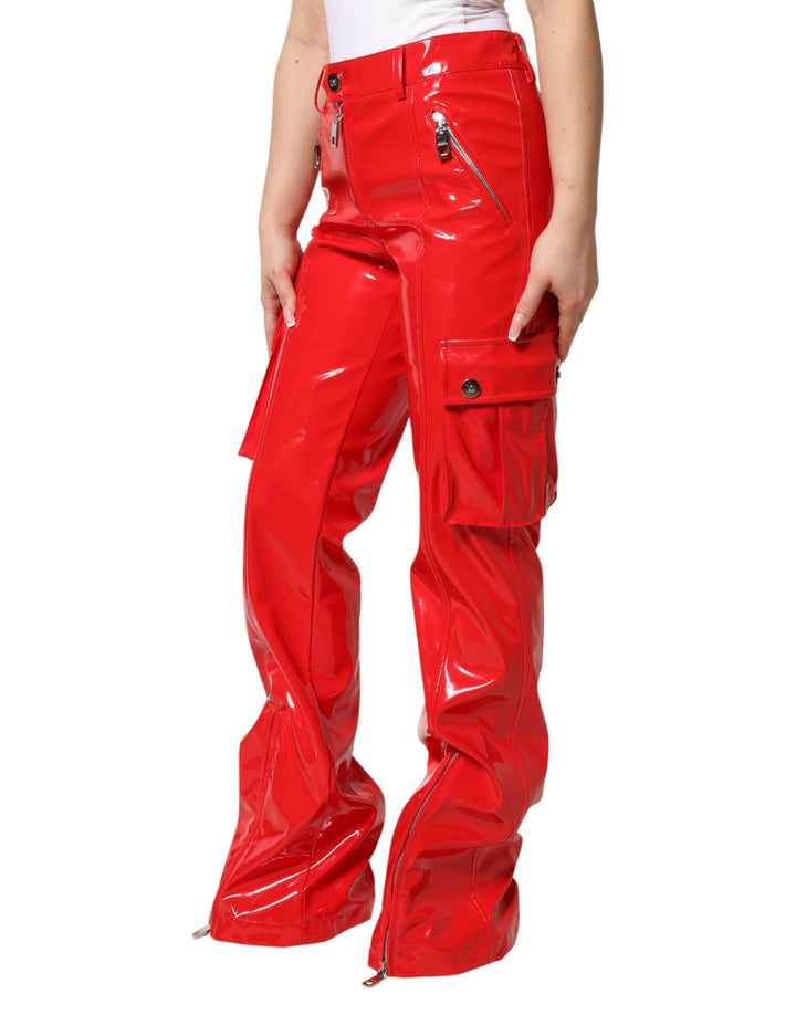 Dolce &amp; Gabbana Red Glossy Polyester Cargo Boot Cut Pants