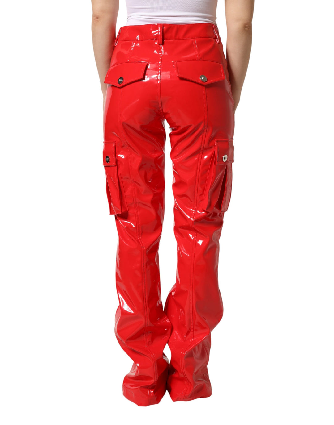 Dolce &amp; Gabbana Red Glossy Polyester Cargo Boot Cut Pants
