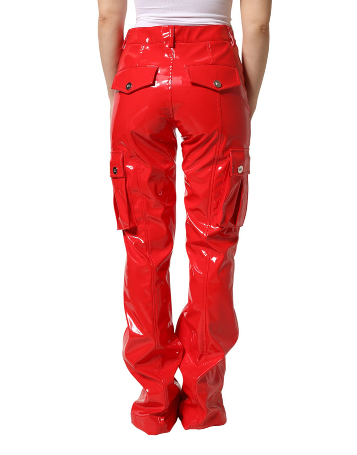 Dolce &amp; Gabbana Red Glossy Polyester Cargo Boot Cut Pants