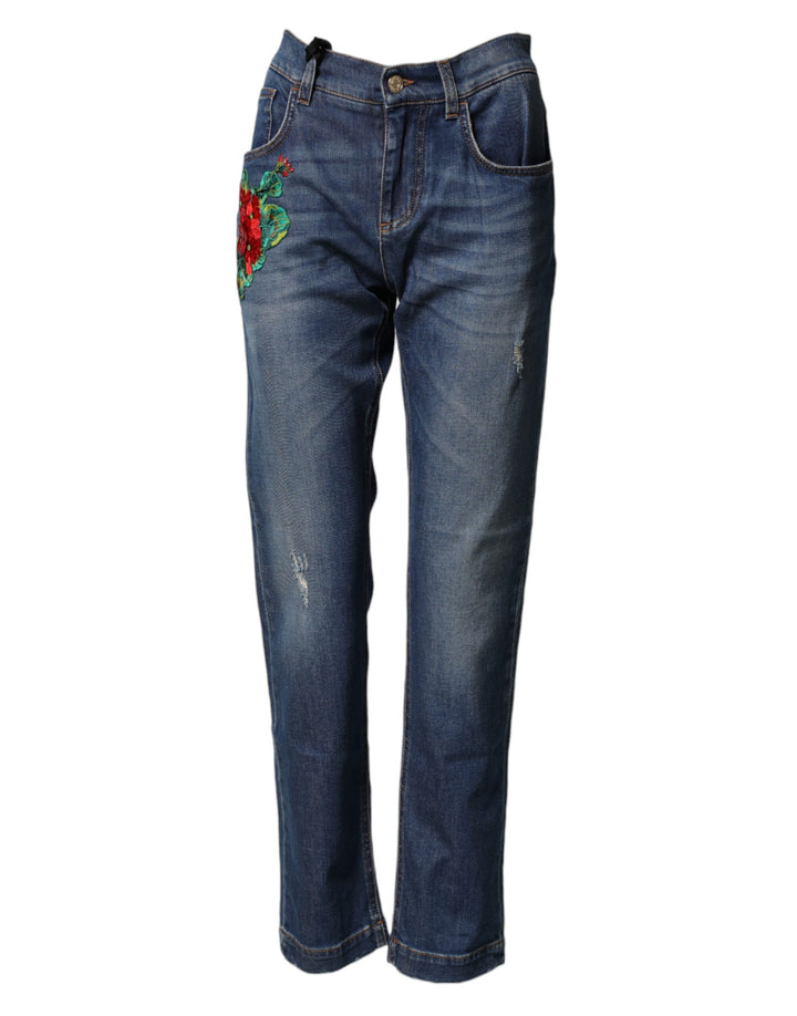Dolce &amp; Gabbana Blue Floral Embroidered BOYFRIEND Denim Jeans